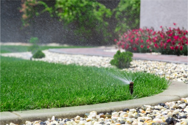 Water sprinklers turned on for lawn maintenance