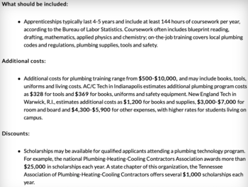 Breakdown of additional costs to become a plumber.