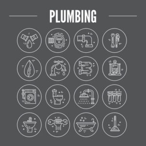 Vector collection of plumbing icons made in-line style. Icons illustrate faucet fixing, pipe, leak, and other repair services. Concept, become a plumber