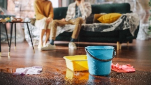 Water leaks from the roof and pipes, dripping into buckets, as a couple frantically calls for help. The concept is to avoid water leaks.