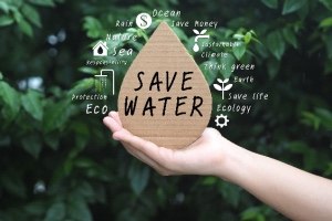 A person holds a paper-cut water drop against a green background. The concept represents how to save water.