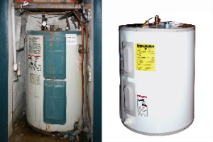 Two water heaters stand side by side, illustrating proper water heater disposal through old and new models.